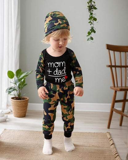 Baby Boy Clothes Infant Newborn Fall Winter Outfits Long Sleeve Letter Print Romper + Hat + Pants Set