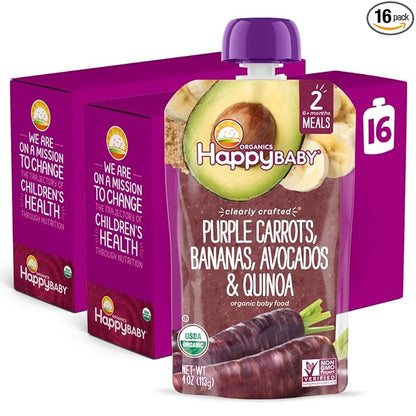 Happy Baby Organics Stage 2 Baby Food Pouches, Gluten Free, Vegan & Healthy Snack, Clearly Crafted Fruit & Veggie Puree, Purple Carrots, Bananas, Avocados & Quinoa, 4 Ounces (Pack of 16)