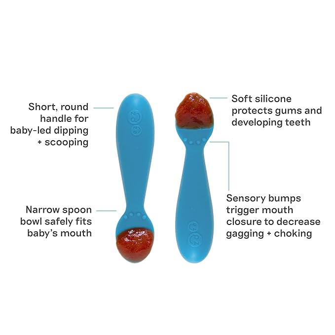 ezpz Tiny Spoon (2 Pack in Blue) - 6 Months+ - 100% Silicone Spoon for Baby Led Weaning + Purees - Designed by a Pediatric Feeding Specialist - Shower Essentials & Gifts