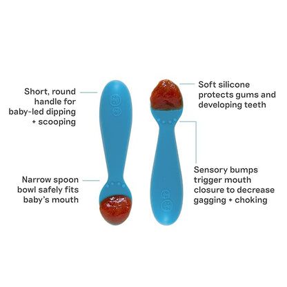 ezpz Tiny Spoon (2 Pack in Blue) - 6 Months+ - 100% Silicone Spoon for Baby Led Weaning + Purees - Designed by a Pediatric Feeding Specialist - Shower Essentials & Gifts