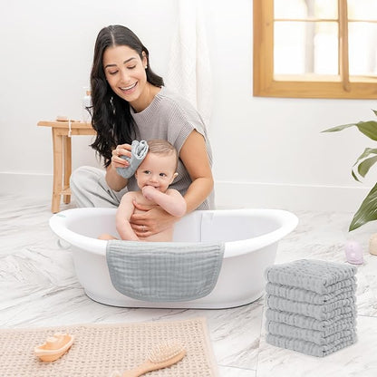 Comfy Cubs Muslin Baby Washcloths 6 Pack - Soft 6-Layer Cotton Wash Cloths for Sensitive Skin - 10"x10" Large, Gentle, Absorbent Infant Essentials for Newborn and Toddlers - Heather Blue