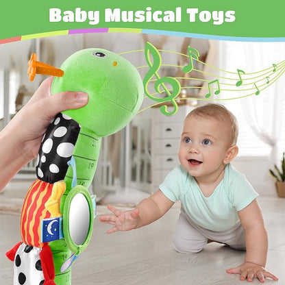 Baby Toys 6-12 Months Music Caterpillar Infant Toys Stuffed Animals 0-3-6 Months Tummy Time Teething Sensory Toys with Mirror Rattle&Pull String for Boys Girls Birthday Gifts|Green,Knot Limb