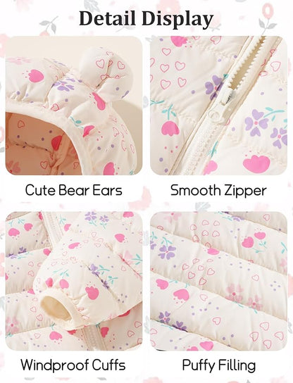 Happy Cherry Infant Baby Cute Cartoon Prints Winter Jacket Bear Ear Hood Warm Puffer Coat 6M-4T