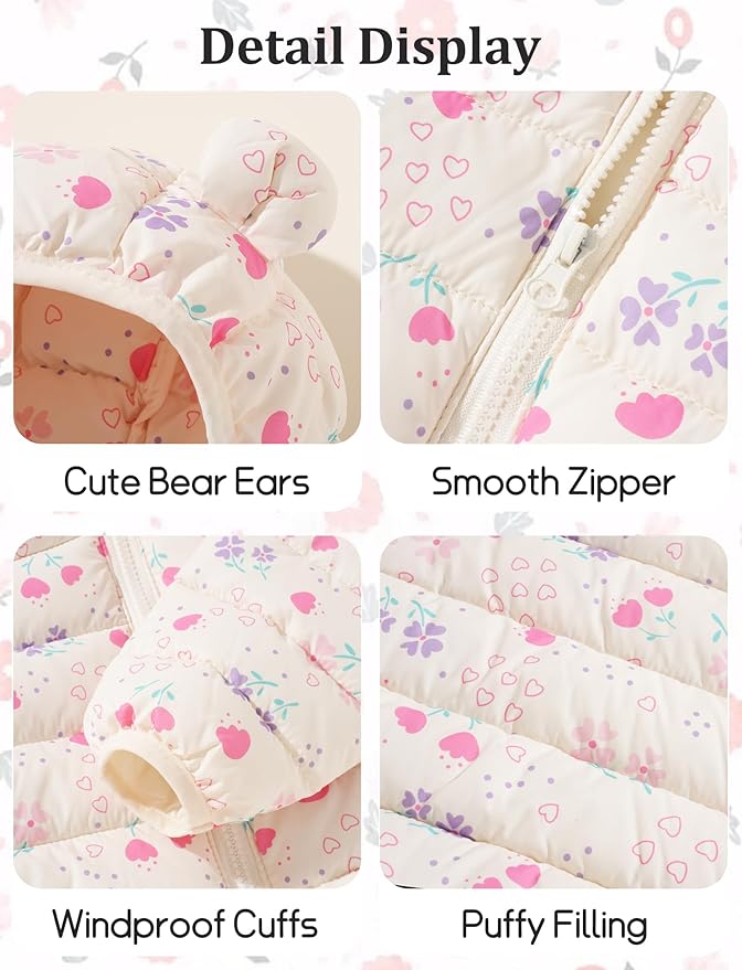 Happy Cherry Infant Baby Cute Cartoon Prints Winter Jacket Bear Ear Hood Warm Puffer Coat 6M-4T