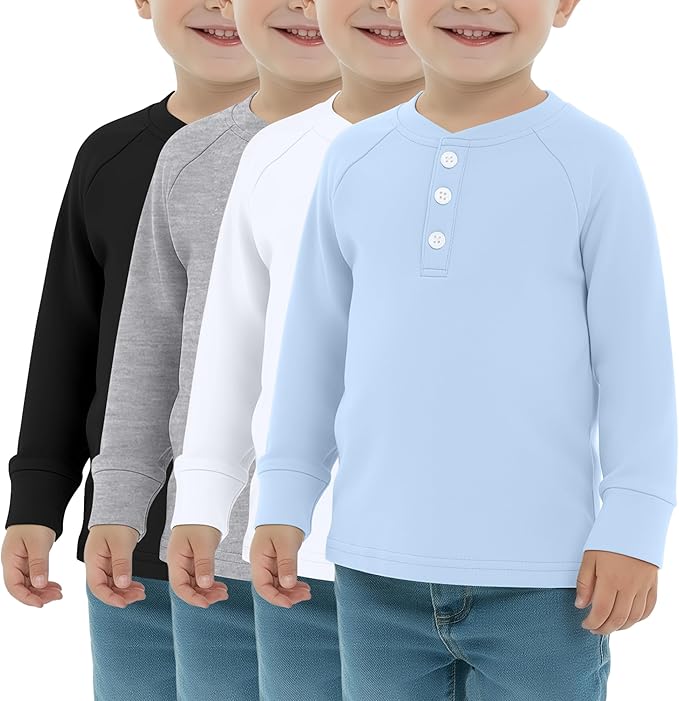 4 Pack Boys' Long Sleeve Shirts Girls' Henley Tees Toddler Baby Knit Casual Tops Kids Fall Clothes Unisex