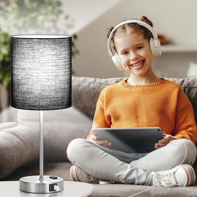 Lynnoland Set of 2 Touch Control Table Lamps with 2 USB & AC Outlet, 3-Way Dimmable Bedside Nightstand Lamps for Bedroom Living Room Nursery, 800 Lumens 5000K Daylight Bulbs Included