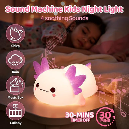 Mewaii Huggwaii Squishy Axolotl Night Light for Kids, 4 Soothing White Noise Sounds, Dimmable Silicone Axolotl Lamp Toddler Light, Upgraded Rechargeable Nightlight,Baby Gifts & Girls Room Decor