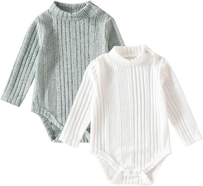 DEFAHN Baby Turtleneck Bodysuit Long Sleeve Boy Girl Ribbed Knit Jumpsuit Outfit 2 Pack Baby Solid Onsies 0-24 Months
