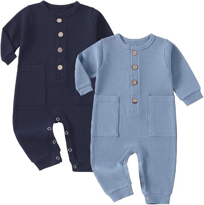 Baby Boys Girls 2 Pack Solid Romper Ribbed Long Sleeve One-Piece Knit Cotton Jumpsuit Outfits Clothes