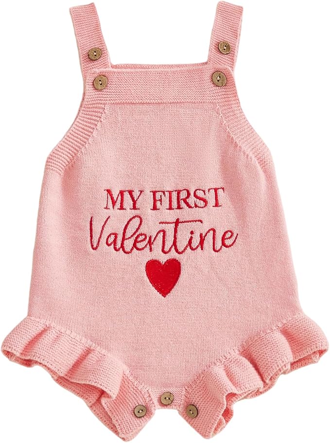 Infant My First Valentines Baby Girl Outfit Newborn Button Heart Embroidery Knit Romper Bubble Bodysuit One Piece