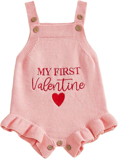 Infant My First Valentines Baby Girl Outfit Newborn Button Heart Embroidery Knit Romper Bubble Bodysuit One Piece
