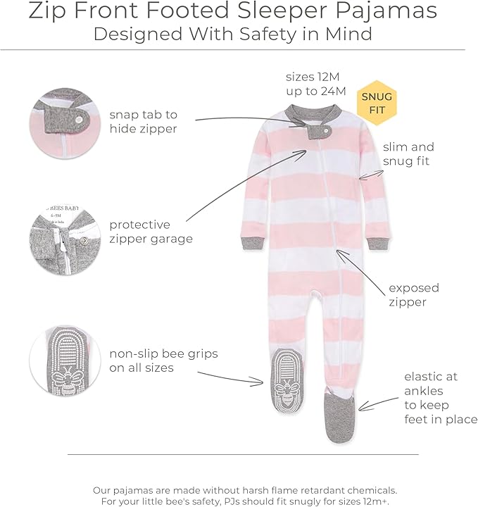 Burt's Bees Baby Baby Girls Sleeper Pajamas, 100% Organic Cotton, One-piece PJs, Diagonal Zip Up Jumpsuit, Snug Fit Footie