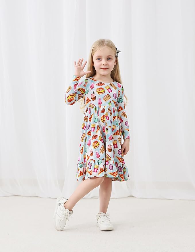 Toddler Girls Long Sleeve Nightgown Cute Little Kids Casual Dresses Viscose from Bamboo Princess Dress 2-5T