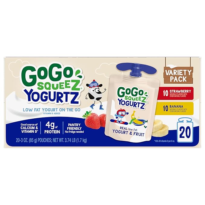GoGo squeeZ yogurtZ Variety Pack, Strawberry & Banana, 3 oz (Pack of 20), Kids Snacks Made from Real Yogurt and Fruit, No Fridge Needed, Gluten Free, Nut Free, Recloseable Cap, BPA Free Pouches