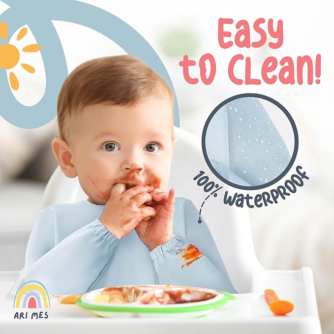 ARI MES Long Sleeves Waterproof Baby Bibs for Eating - Pink Stripes, Medium- Wearable, Coverall for Toddler, Long Sleeve Bib, Smock Apron for Feeding - Applicable for 6-72 Months
