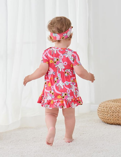 Infant Baby Girl Bodysuit Dress with Hairband Set, Bamboo Viscose Summer Clothes Outfit
