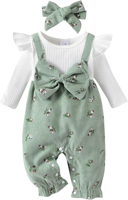 Infant Baby Girl Fall Outfit Romper Cherry Print Fake Two Pieces Patchwork Bow Jumpsuit Newborn Winter Clothes