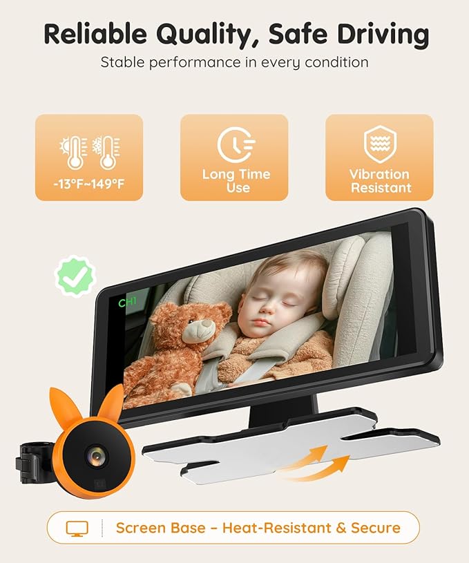 Babyvue BV3 PRO Dual Baby Car Camera – See 2 Kids Clearly with 7.2" HD Screen, 1080P Night Vision, 3-Level Brightness, Rear-Facing Monitor for SUV/Truck