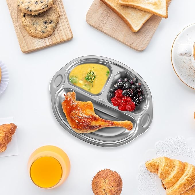 Mrs. Chou® Stainless Steel Kids Plates Suction Plates Divided Baby Plates Toddler Plate, Ideal for Infant Baby-Led Weaning Bowls Non-Toxic Feeding Supplies Dishwasher Safe BPA-Free 100% Food-Grade