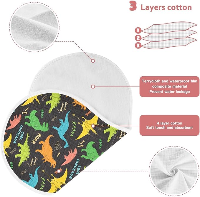 vvfelixl Burp Cloths Colored Dino Dinosaurs for Baby Boy Girls Baby Washcloths Burp Rags 1 Pack Black