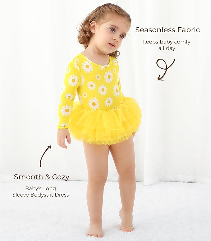 Baby Girl Bodysuit Dress- Viscose Made from Bamboo, Long Sleeve Flutter Skater Dress with Bodysuit Infant Outfit