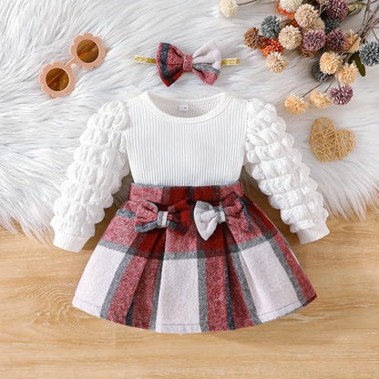 Toddler Baby Girl Plaid Dress Puff Sleeve Bow Patchwork Ribbed Shirts Dress Plaid Fall Winter Outfits with Headband