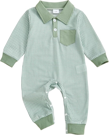 Newborn Baby Boy Winter Clothes Long Sleeve Lapel Jumpsuit Collar Plaid Romper Playsuit Infant Baby Boy Fall Outfit