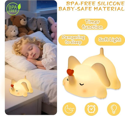 Elephant Night Light for Kids, Silicone Squishy Lamp with Touch Control 3-Level Dimmable, Auto-Off Timer, Rechargeable Nursery Light, Baby Gift (Soft White)
