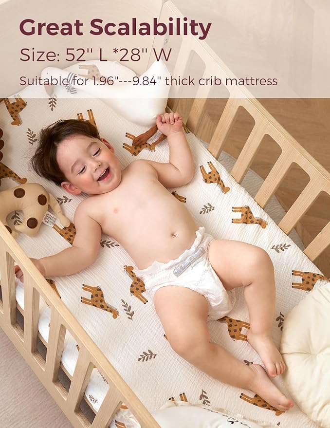 Momcozy Muslin Standard Fitted Crib Sheets, 52"x28", 2 Pack Soft Breathable Natural Cotton Baby Mattress Sheet, 360° Mattress Wrapping No Slip Boys Girls Neutral Toddler Bed Sheet, Bravery Giraffe