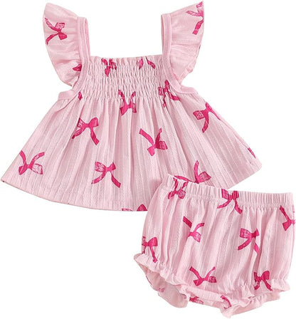 Mubineo Baby Girl Summer Clothes Cute Ruffle Tops Dress Shorts Outfits Set Infant Toddler Shrit Bloomers Princess Outfit