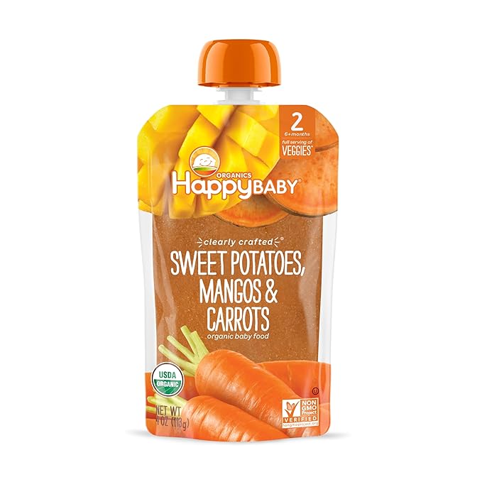 Happy Baby Organics Clearly Crafted Stage 2 Baby Food, Sweet Potatoes, Mangoes & Carrots, 4 Ounce Pouch (Pack of 16)
