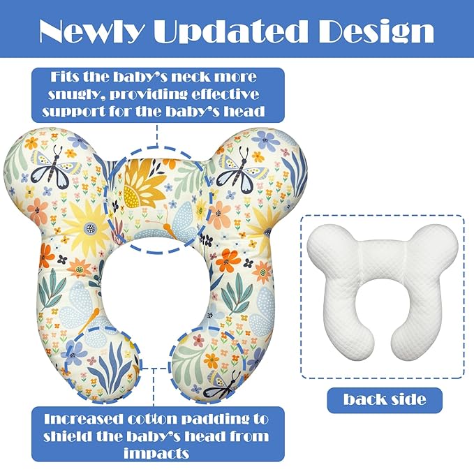 Baby Head Support Pillow for Newborn Toddler, Baby Neck Pillow Upgraded Comfortable Sleep Cushion for Car Plane Stroller Pushchair - Flower A