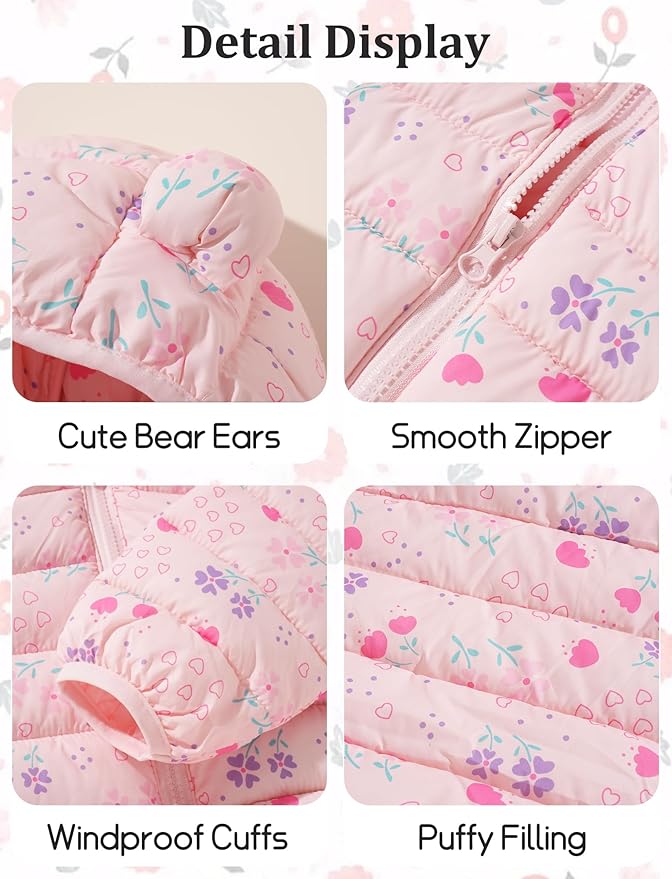 Happy Cherry Infant Baby Cute Cartoon Prints Winter Jacket Bear Ear Hood Warm Puffer Coat 6M-4T