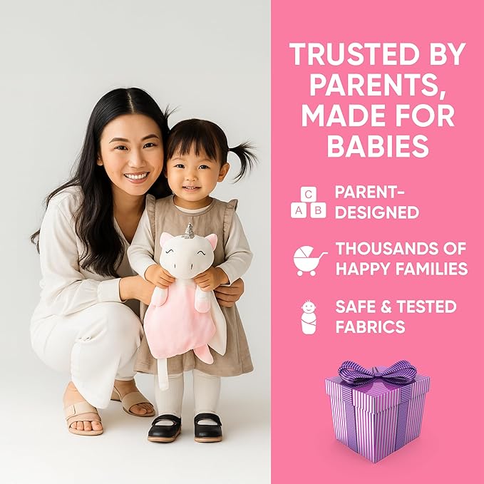 Baby Sleep Soother Pink & White Unicorn Plush with Heartbeat & Lullaby Sounds, 4-in-1 Sound Machine, Security Blanket & Pacifier Holder, Baby Registry Essential & Christmas Gift for Newborns & Infants