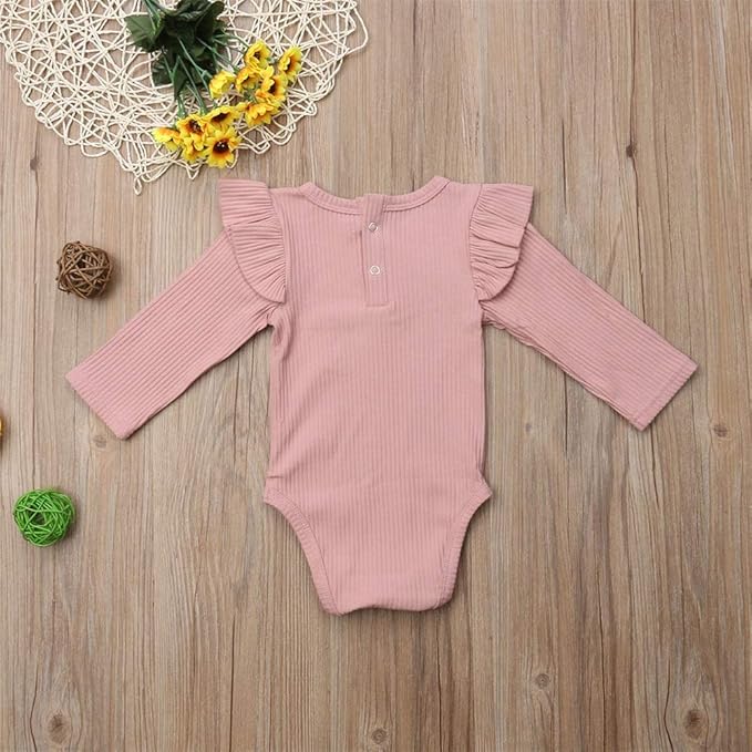 Mubineo Infant Baby Girl Basic Plain Rib Knit Ruffle Long Sleeve Romper Bodysuit Tops