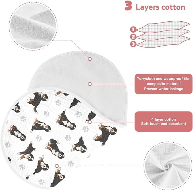 4 Pack Muslin Burp Cloths Bernedoodle Dogs White Cotton Baby Burp Cloths Ultra Absorbent and Soft Burping Cloth for Newborn Must Haves 22x11 Inch