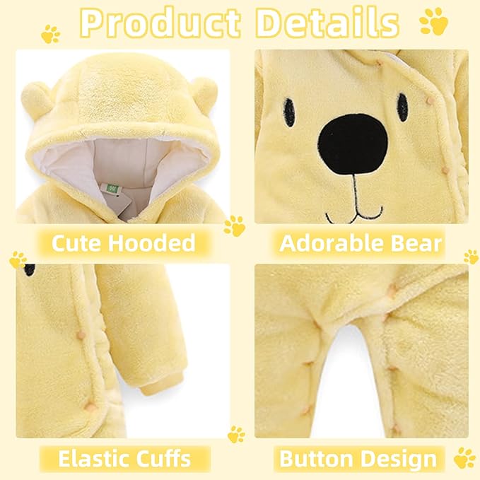 Fairy Baby Newborn Baby Snowsuit Bear Onesie Footie Romper Winter Thick Fleece Jumpsuit Infant Coat for Girls Boys 0-12M