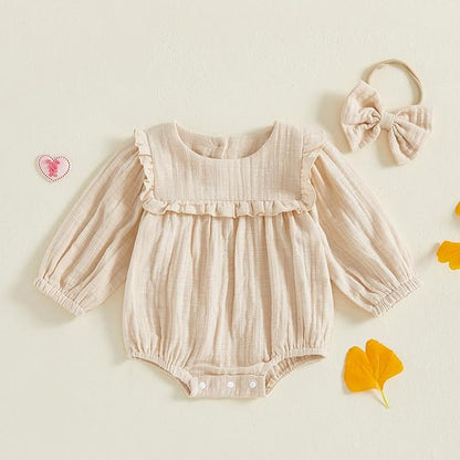 2pcs Infant Baby Girls Romper Dress Headband Long Sleeve Clothing Flowers Newborn Boho Girl Outfit Jumpsuit Clothes