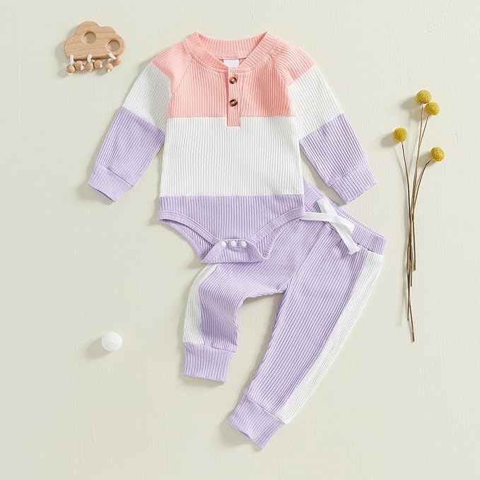 Thorn Tree Newborn Infant Baby Girl Clothes Ribbed Knitted Long Sleeve Romper Long Pants Stretchy Fall Outfits