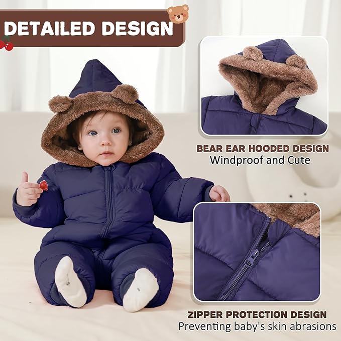 Baby Boys Girls Snowsuit Winter Clothes Suit Hooded Jumpsuit Romper Bear Outfit Infant Warm Coat Outwear Overcoat