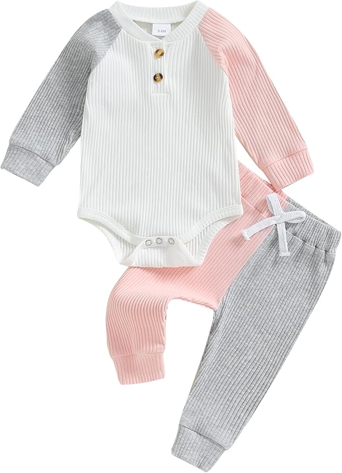 Thorn Tree Newborn Infant Baby Girl Clothes Ribbed Knitted Long Sleeve Romper Long Pants Stretchy Fall Outfits