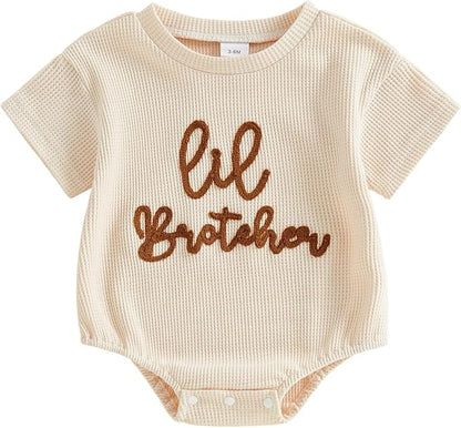 Little Brother Newborn Outfit Infant Baby Boy Lil Bro Shirt Bubble Romper Waffle Bodysuit Siblings Matching Clothes