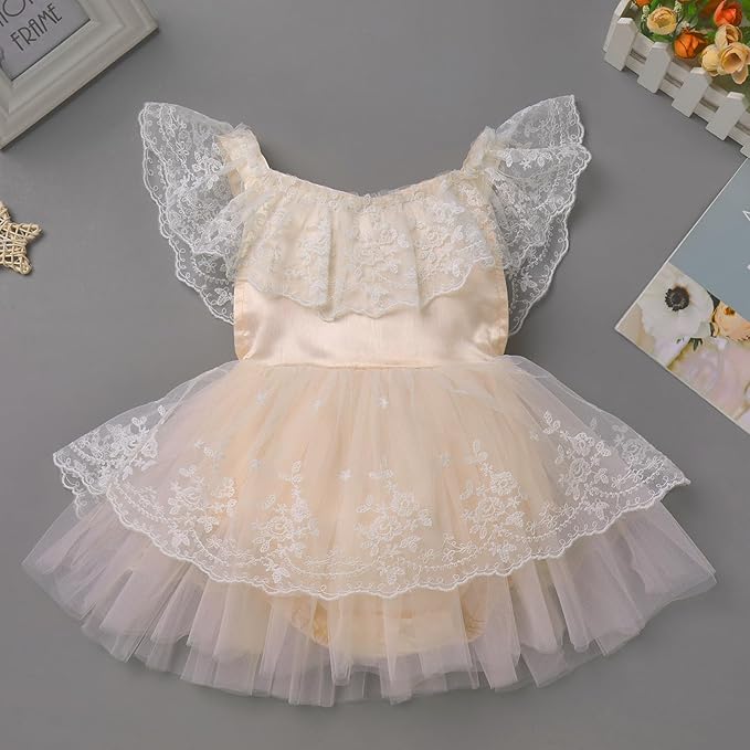 FYMNSI Infant Baby Girl 1st Birthday Outfit Floral Lace Tulle Romper Tutu Dress Headband 2PCS Bodysuit Princess Summer Clothe