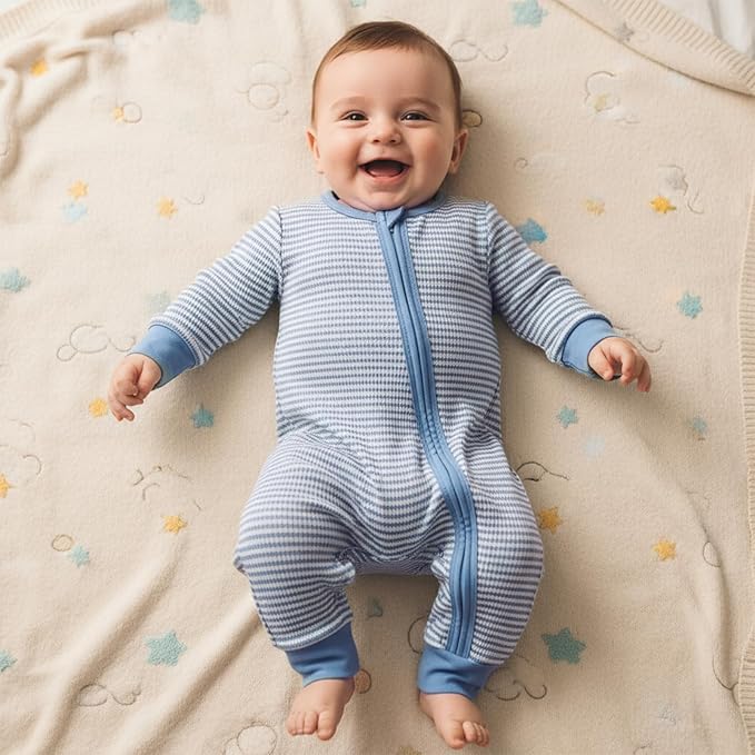 Karuedoo Newborn Infant Baby Boy Clothes Striped Waffle Long Sleeve Zipper Romper Jumpsuit One-Piece Fall Winter Outfit