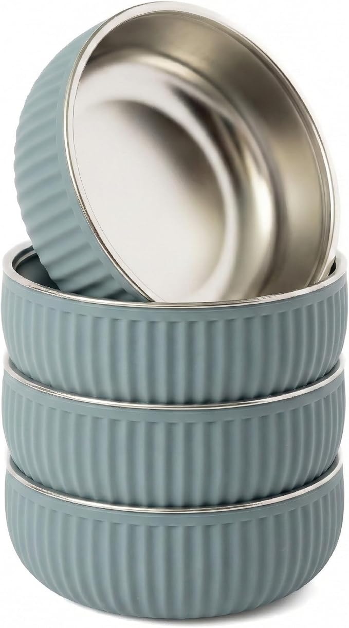 Monkey Proof™ Non-Toxic Stainless Steel Child Bowl 5” with Non-Slip Grooved Silicone Shell, (Set of 4 bowls) Unbreakable, Mess Free Feeding for Babies, Toddlers, Kids, BPA free (Stormy Sky Grooved)