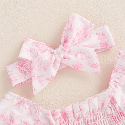 Infant Baby Girls Romper Floral Ruffle Sleeve Pleated Smocked Bubble One Piece Ruched Jumpsuit Summer Bodysuit