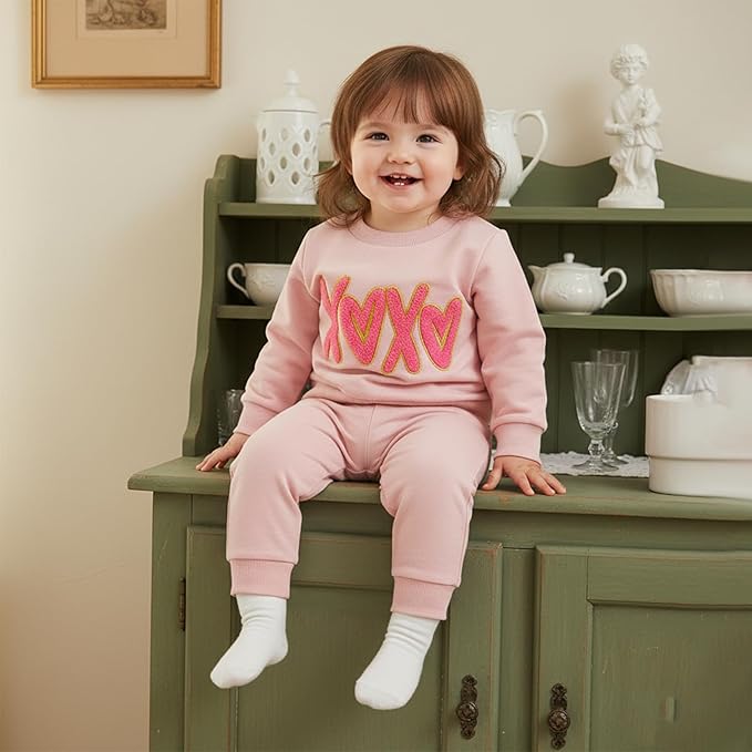 Toddler Girl Valentines Day Outfit Waffle Heart Sweatshirt Pants Set Baby Girls Spring Pullover Top Jogger Clothes