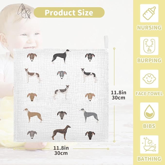 vvfelixl English Greyhound Dogs Baby Burp Cloths Baby Muslin Washcloths for Boys Girls Cotton Baby Face Towel for Newborn Infants Soft and Absorbent 11.8 X 11.8 in, 5 Pack