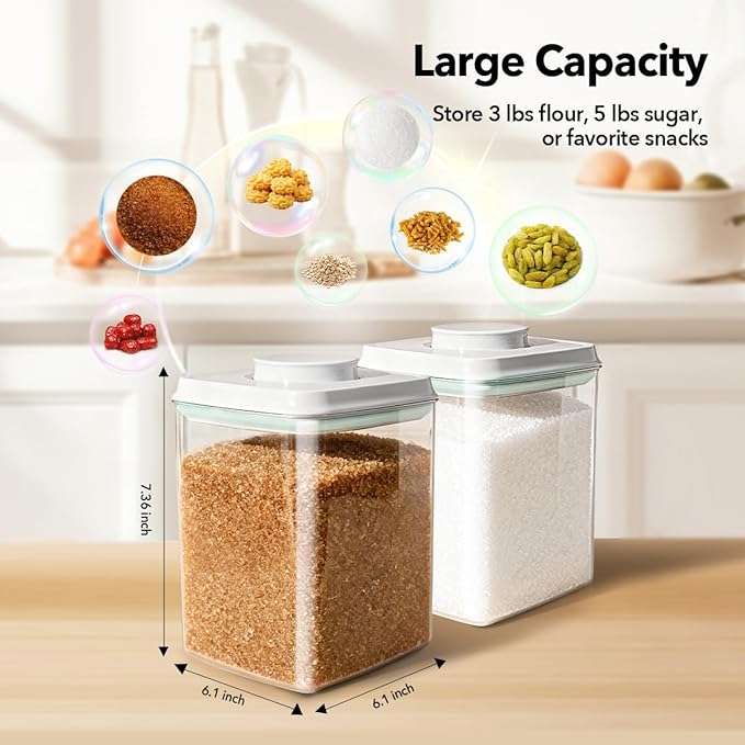 Food Storage Container with Lid, 2.8 Qt Airtight Pantry Canister, BPA-Free Plastic Flour Sugar Storage Container, One-Touch Press-to-Open Lid, Stackable Clear Jar for Rice, Cereal, Coffee, Brown Sugar