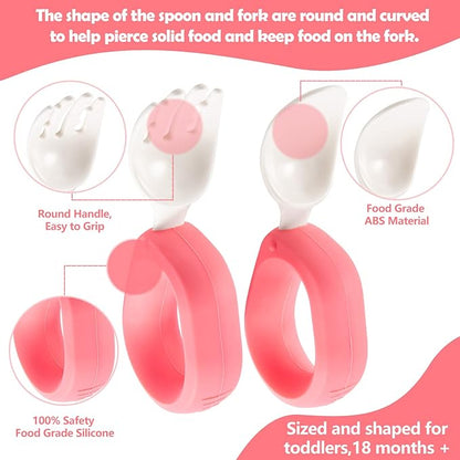 Baby Self Feeding Training Spoon and Fork Set with Travel Case, BPA-Free Cute Circle Toddler Training Utensils, Silicone/ABS Great Tableware Set Spoons Fork for Kids(Yellow)